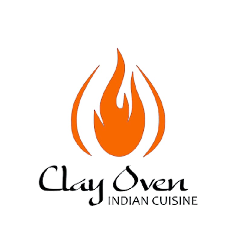 Clay Oven Indian Cuisine logo with an orange flame icon above the restaurant name.